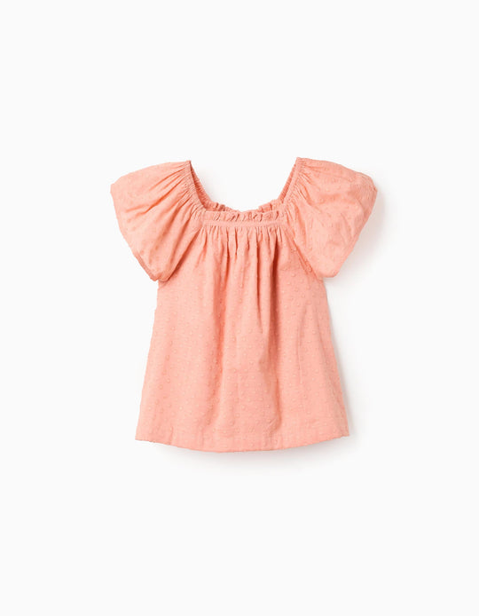 Cotton Swiss dot top with square neck for girls  salmon orange