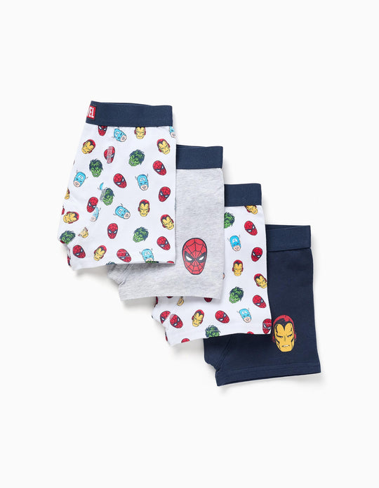 Pack of 4 boxer shorts with Avengers prints for boys, blue/grey/white