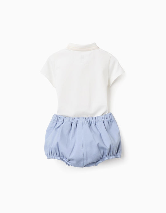 Polo-bodysuit + twill shorts for newborn boys  white/light blue