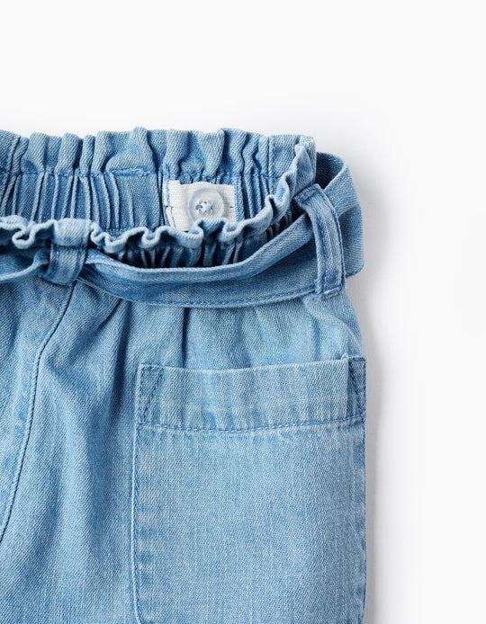 Denim shorts with paperbag waist and belt for baby girls  blue