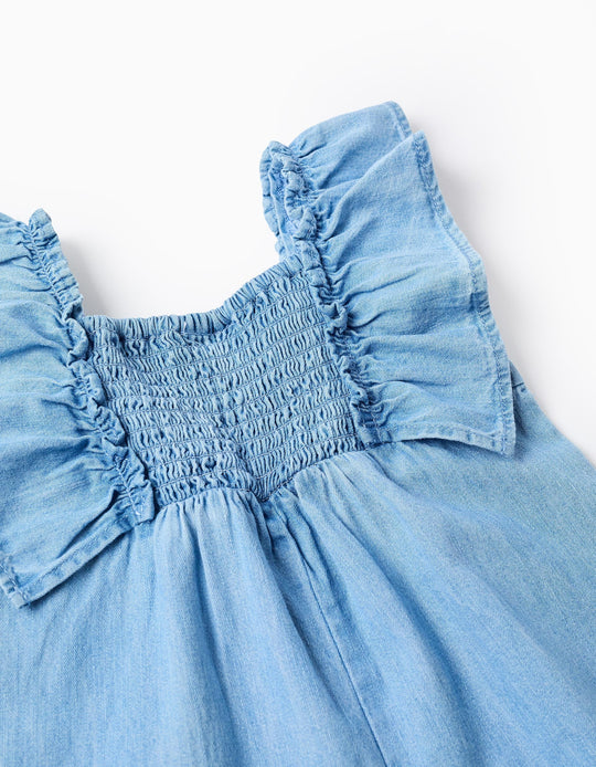Wide leg denim jumpsuit with ruffles for baby girls  blue