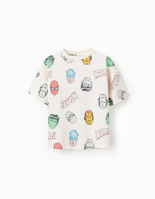 Cotton T-Shirt With Marvel Heroes Motif For Boys, White