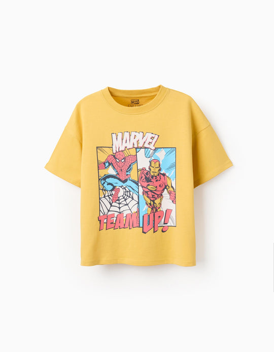 Cotton T-Shirt With Spider-Man And Iron-Man Print For Boys, Yellow