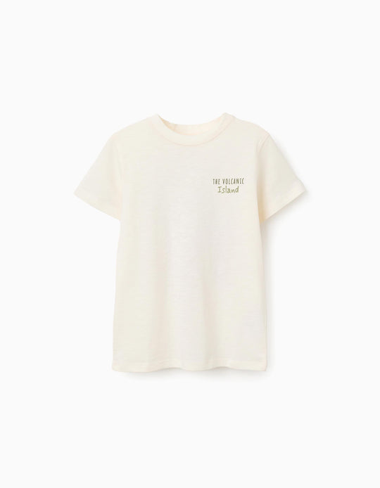 Cotton T-shirt with Lanzarote prints for boys, light beige