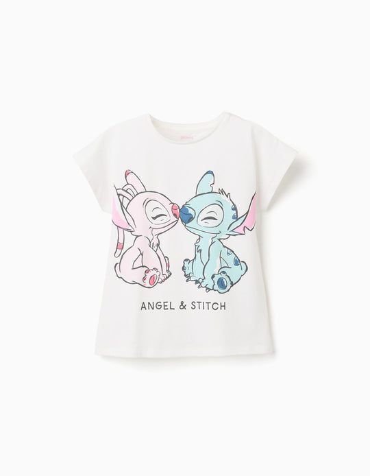 Cotton T-shirt with Stitch and Angel print for girls, white