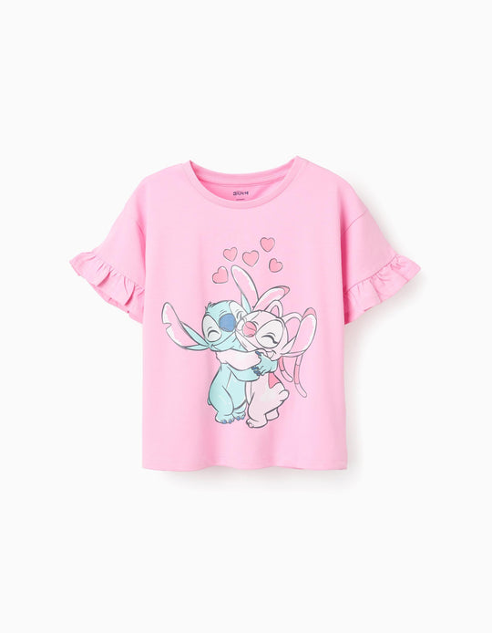 Cotton T-shirt with Stitch and Angel print and ruffles for girls, pink