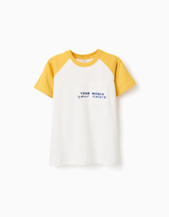 Cotton T-Shirt With Colors Print For Boys, White/Yellow