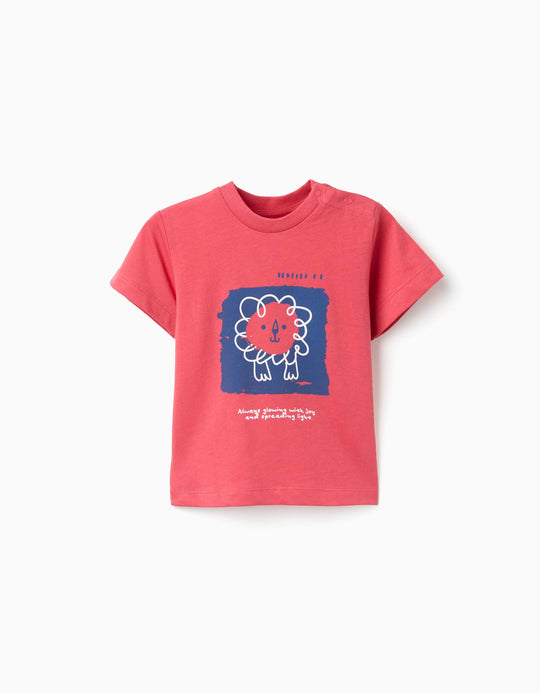Cotton T Shirt With Lion Front Print For Baby Boys Red Blue