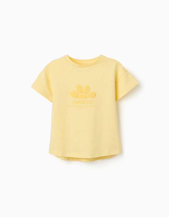 Cotton T-shirt with embossed front print for girls, yellow
