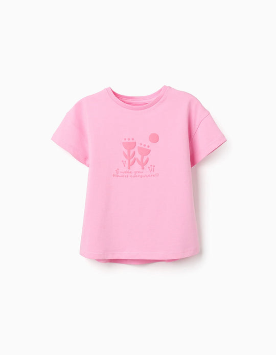 Cotton T-shirt with embossed floral print for girls, pink