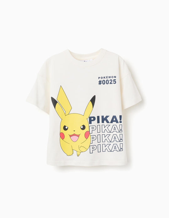 Cotton T-Shirt With Pikachu Front Print For Boys, White