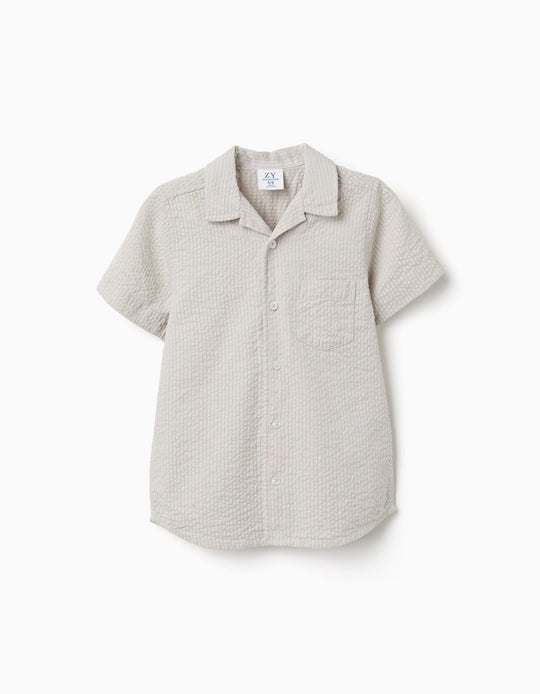 Short Sleeve Cotton Shirt With Stripes For Boys Beige Blue