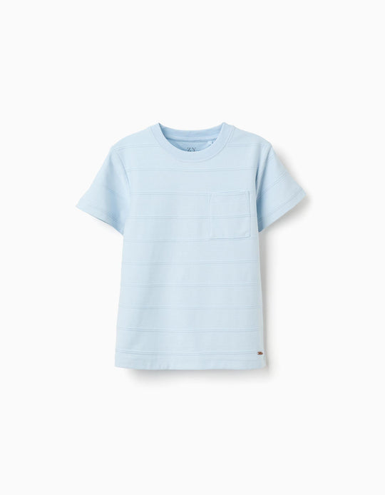 Cotton T Shirt With Embossed Lines And Pocket For Boys Light Blue