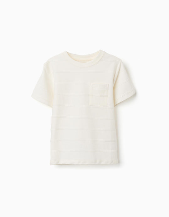 Cotton T Shirt With Embossed Lines And Pocket For Boys White