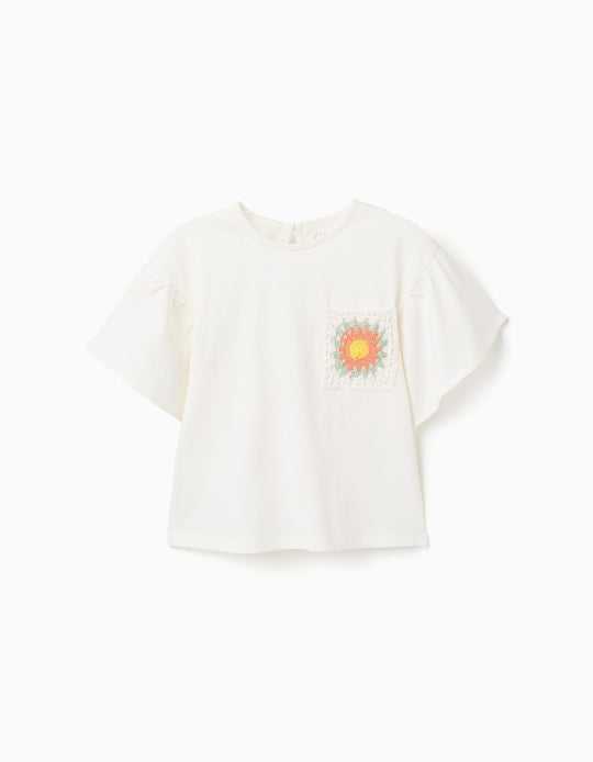 Cotton T Shirt With Crochet Pocket For Girls White