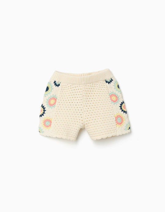 Cotton Knit Shorts With Crochet Flowers For Girls, Light Beige