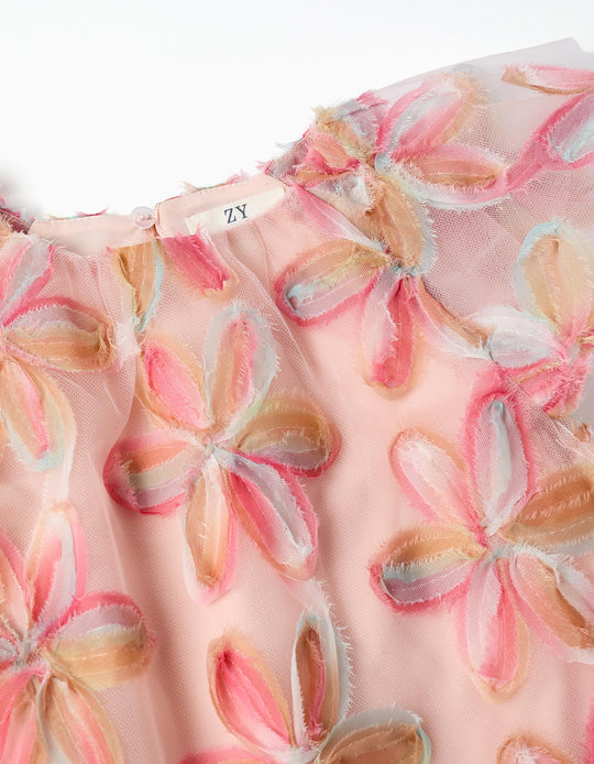 Short sleeve tulle dress with 3D flowers for baby girls  light pink