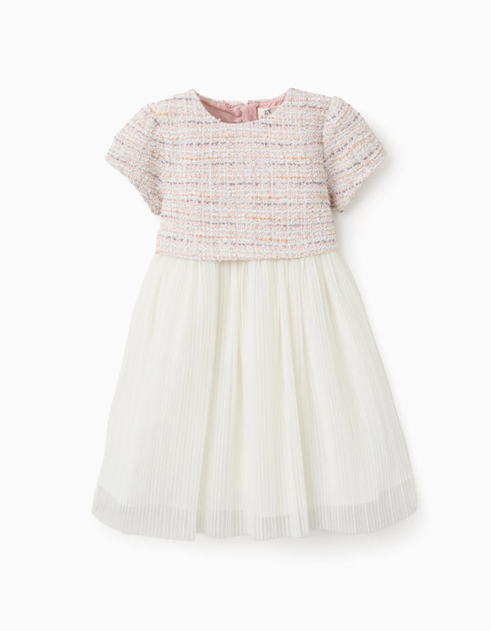 Dual-fabric short sleeve dress in tweed and mesh for baby girls, pink