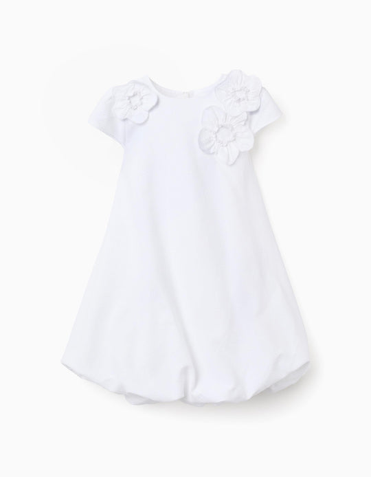 Cotton dress with balloon effect and flowers for girls  white