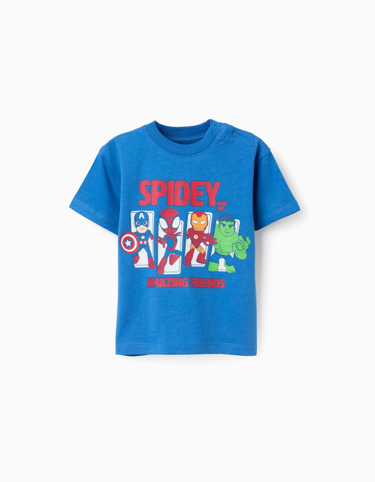 Cotton T Shirt With Spidey & Friends Print For Babies And Boys Blue