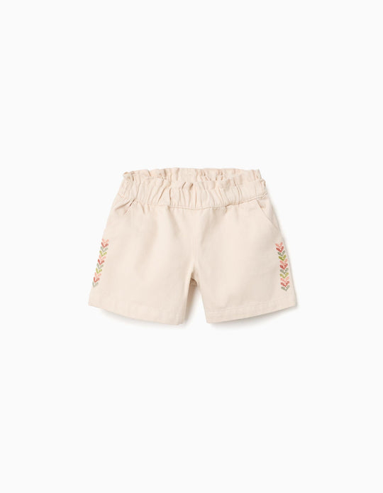 Twill shorts with embroidery and paperbag waist for girls  light beige