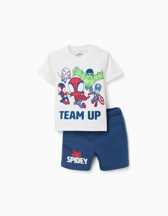T Shirt + Shorts With Spidey & Friends Print For Babies And Boys White Blue