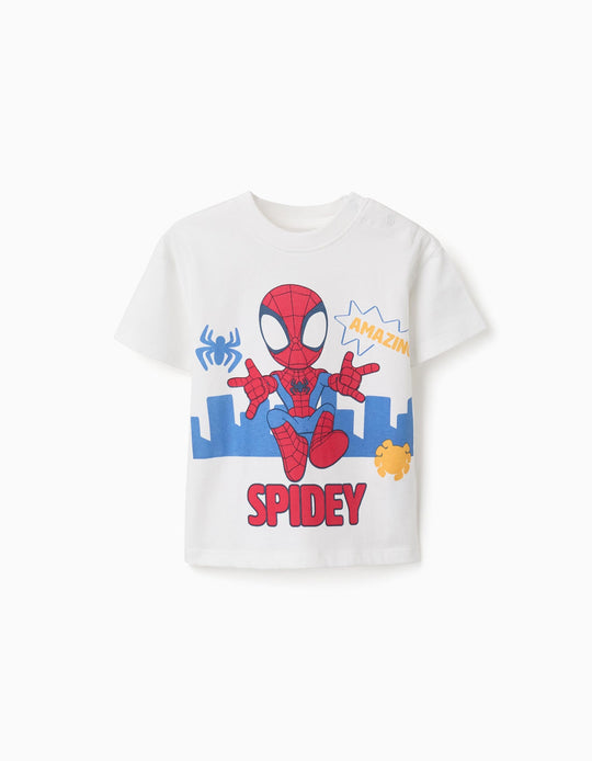 Cotton T Shirt With Spidey Print For Babies And Boys White