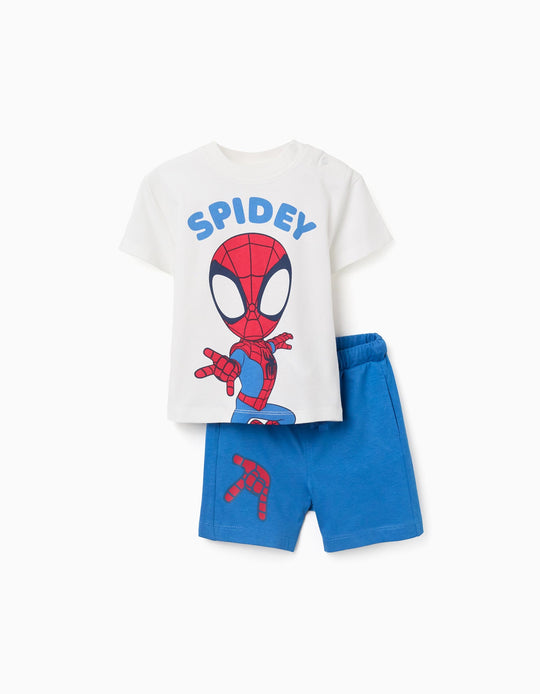 Cotton T Shirt And Shorts With Spidey Print For Babies And Boys White Blue
