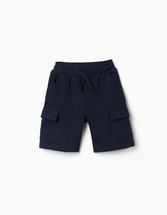 Fleece Shorts With Cargo Pockets And Drawstring For Boys, Dark Blue