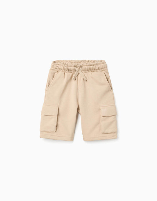 Fleece Shorts With Cargo Pockets And Drawstring For Boys, Beige