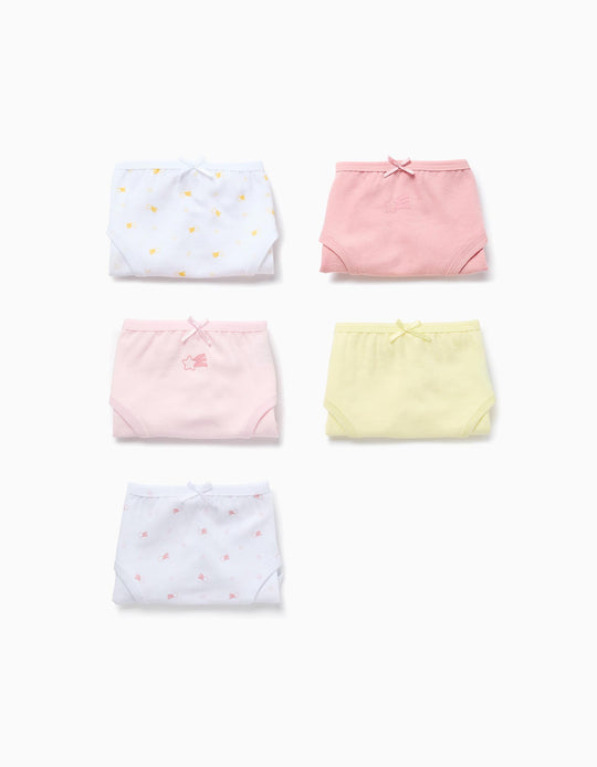 Pack of 5 cotton briefs with star motif for girls, pink/white/yellow