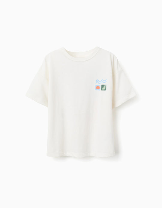 Cotton T Shirt With Colourful Beach Prints For Boys White