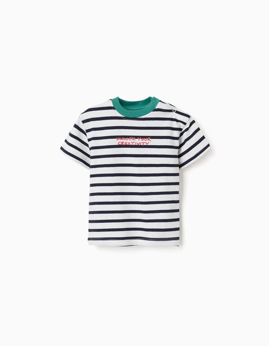 Striped cotton T-shirt with print for baby boys, white/blue/green