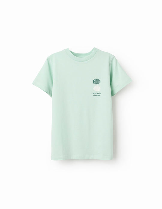 Cotton T-shirt with Peixinho do Mar print for boys, light green