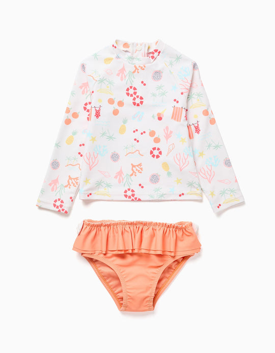 Swim Set With Uv 80 Protection And Motif For Babies And Girls, White/Orange