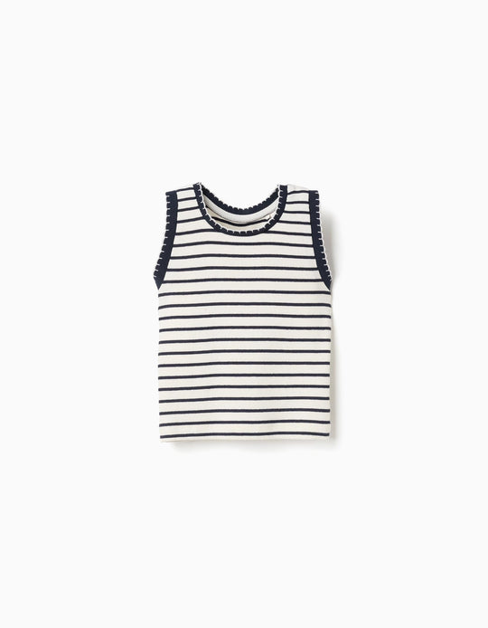 SleeveleRibbed Cotton Top With Stripes For Girls White Dark Blue