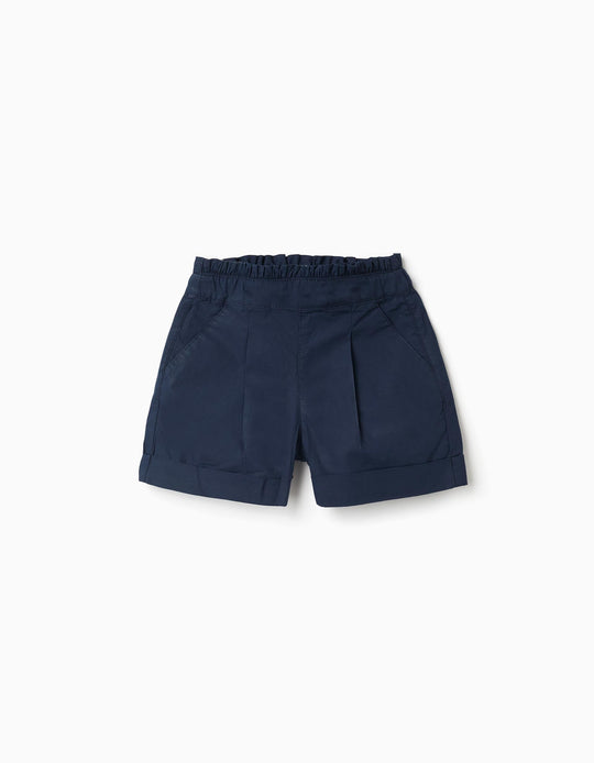 Poplin Shorts With Paperbag Waistband And Pleats For Girls Dark Blue