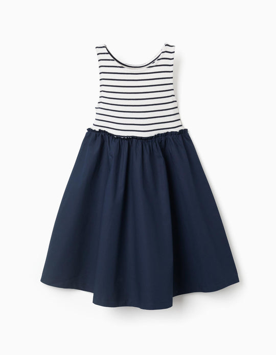 SleeveleDual Fabric DreWith Stripes For Girls Dark Blue White
