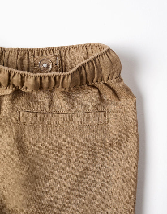 Baggy linen trousers with drawstring for baby boys  dark beige