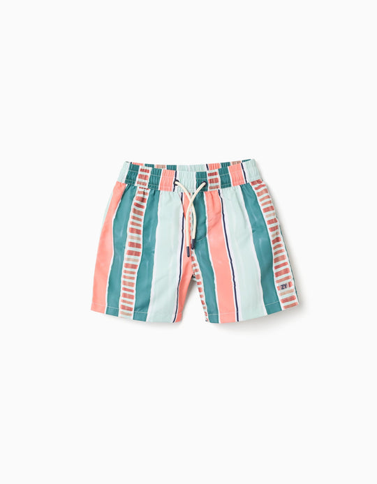 Striped Swim Shorts With Drawstring For Boys, Orange/Green