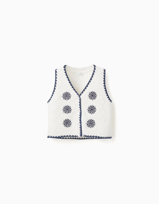 Cotton Knitted Vest With Embroidered Flowers For Girls White Dark Blue