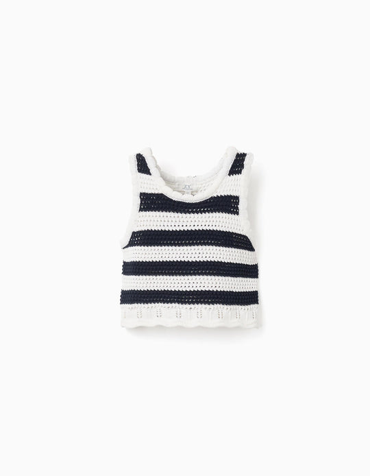 SleeveleCotton Knitted Top With Stripes For Girls White Dark Blue