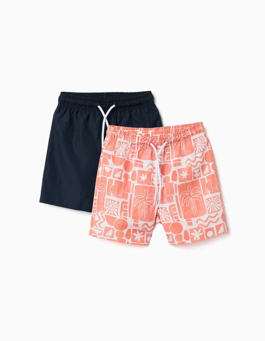 Pack Of 2 Plain/Printed Swim Shorts With Drawstring For Boys, Multicolour