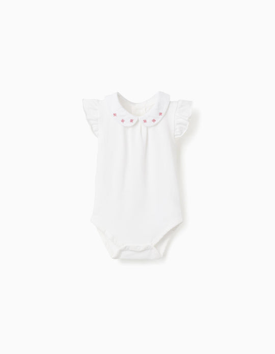 Short Sleeve Bodysuit With Embroidered Collar For Newborn Girls, White
