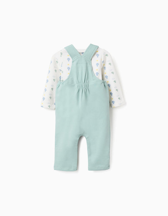 Long sleeve bodysuit + jumpsuit for newborn boys  white/green