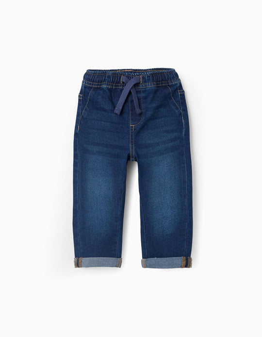 Slim jeans with drawstring for baby boys, dark blue