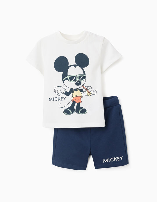 Cotton T Shirt And Shorts With Mickey Print For Baby Boys White Blue