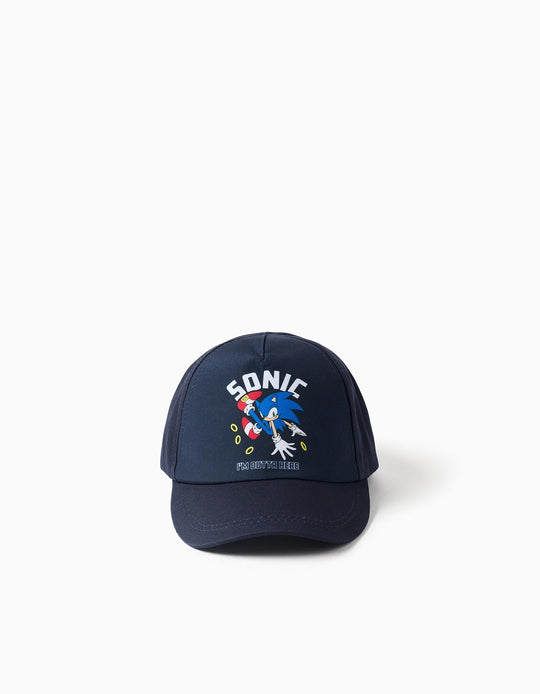 Cotton Twill Cap With Sonic Print For Boys, Dark Blue