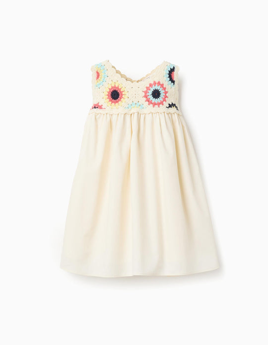 Dual Fabric DreWith Crochet Flowers For Baby Girls Light Beige