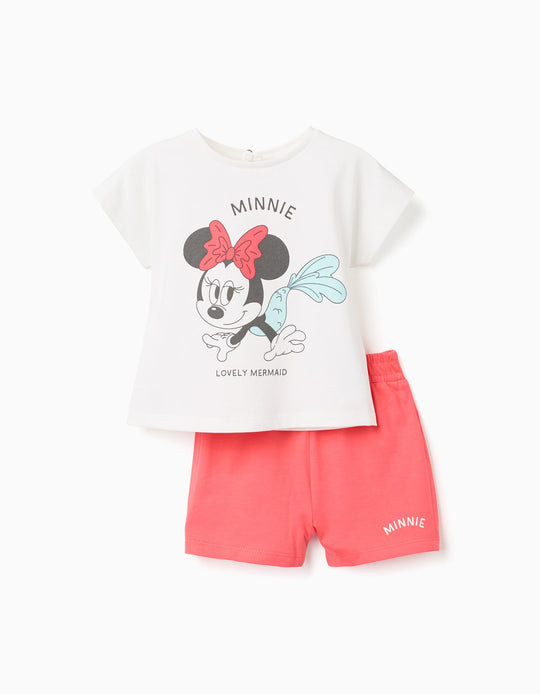 Cotton T-Shirt And Shorts With Minnie Print For Baby Girls, White/Red